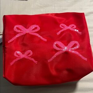 Elegant Red Tote makeup Bag with Pink Bow Accents